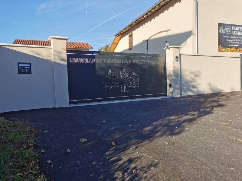 Portail coulissant motorisé sur mesure avec découpe laser arbre de vie et visiophone connecté – Installation à Romans (01400)